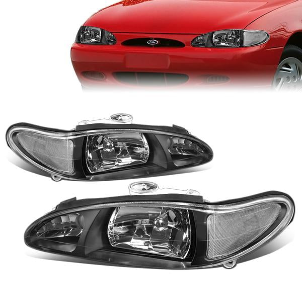 97-02 Ford Escort Headlights - Black Housing - Clear Corner - Plug-n-Play - Pair