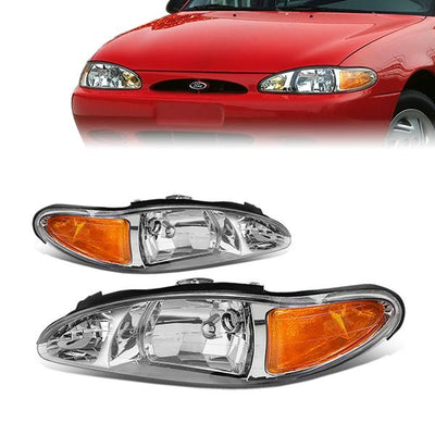 97-02 Ford Escort Headlights - Chrome Housing - Amber Corner - Plug-n-Play - Pair