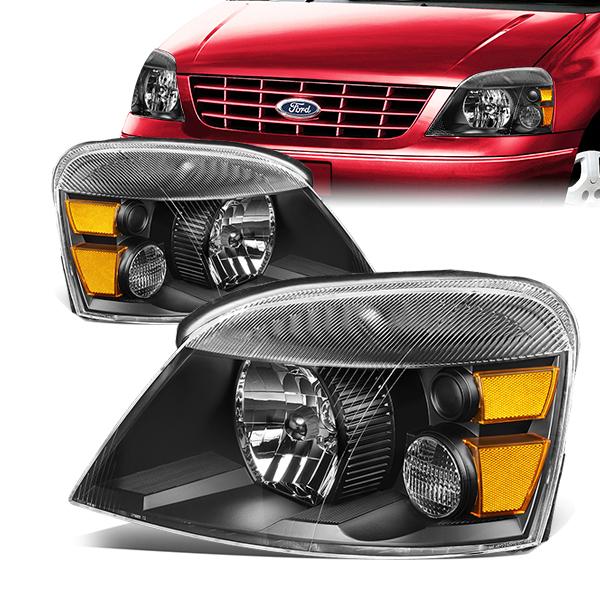 04-07 Ford Freestar Mercury Monterey Headlights - Black Housing - Clear Lens - Amber Corner - Plug-n-Play - Pair