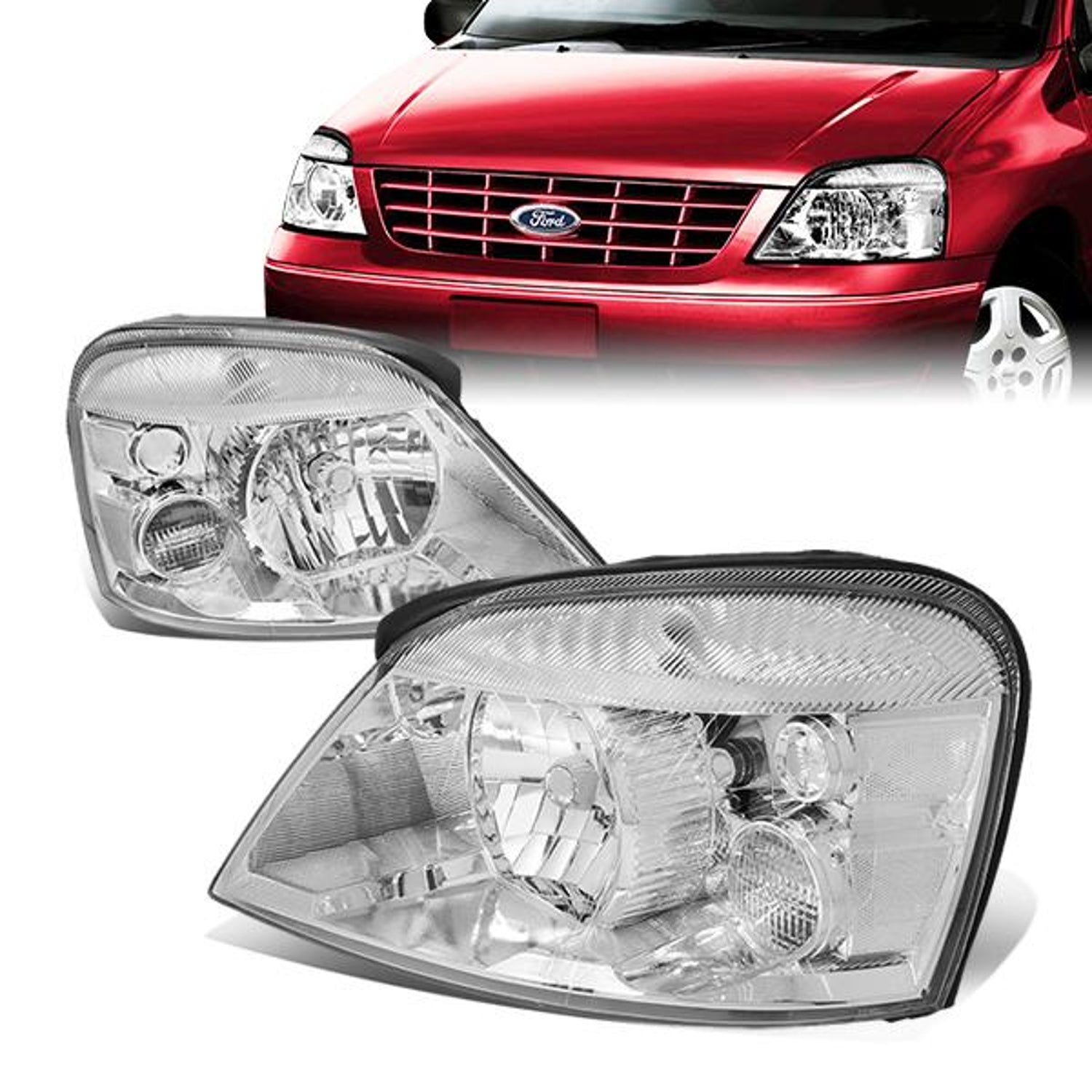 04-07 Ford Freestar Mercury Monterey Headlights - Chrome Housing - Clear Lens - Clear Corner - Plug-n-Play - Pair