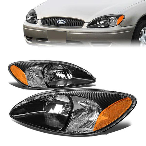 00-07 Ford Taurus Headlights - Black Housing - Clear Lens - Amber Corner - Plug-n-Play - Pair