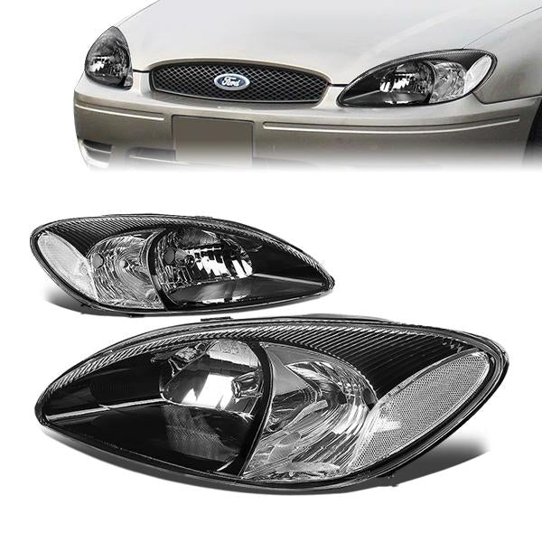 00-07 Ford Taurus Headlights - Black Housing - Clear Lens - Clear Corner - Plug-n-Play - Pair