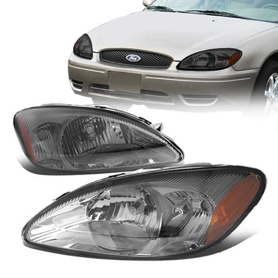 00-07 Ford Taurus Headlights - Smoked Housing - Smoked Lens - Amber Corner - Plug-n-Play - Pair