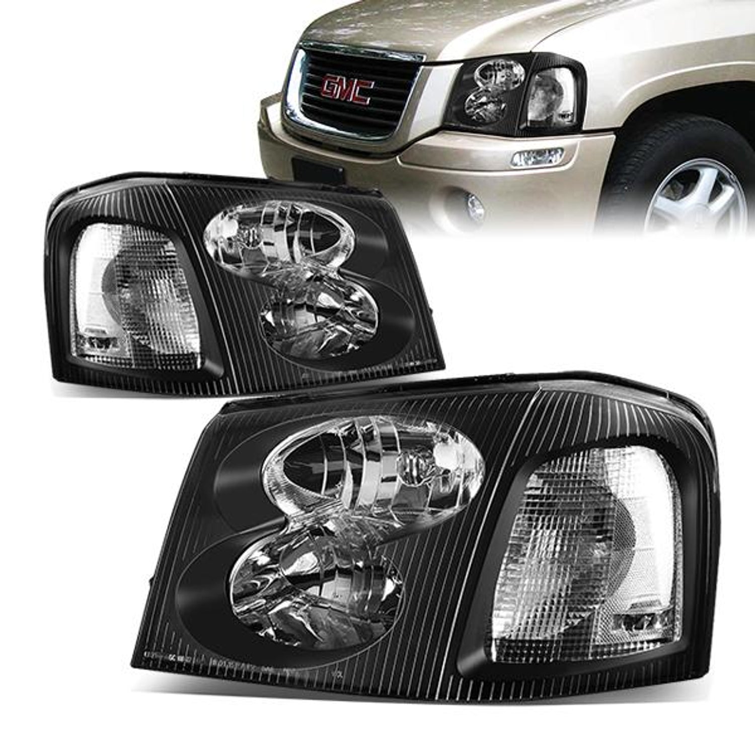 02-09 GMC Envoy Headlights - Black Housing - Clear Corner - Plug-n-Play - Pair
