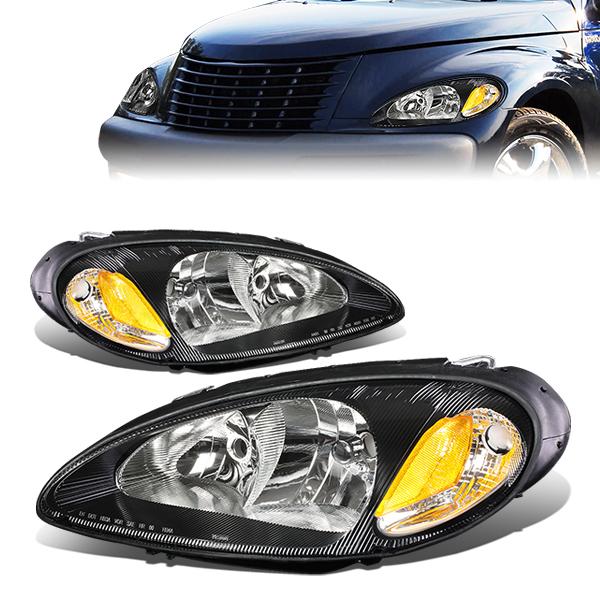 01-05 Chrysler PT Cruiser Headlights - Black Housing - Amber Corner - Plug-n-Play - Pair
