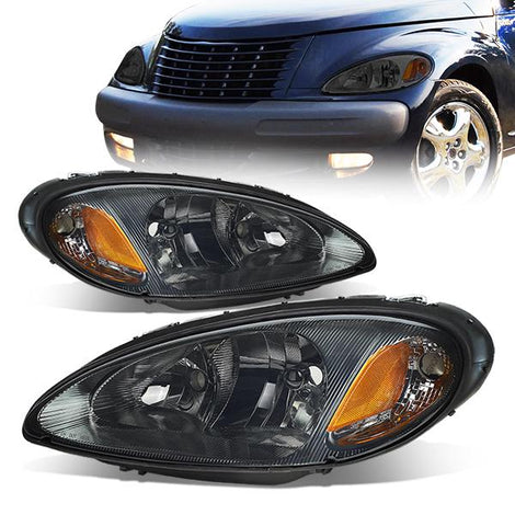 01-05 Chrysler PT Cruiser Headlights - Smoked Housing - Smoked Lens - Amber Corner - Plug-n-Play - Pair