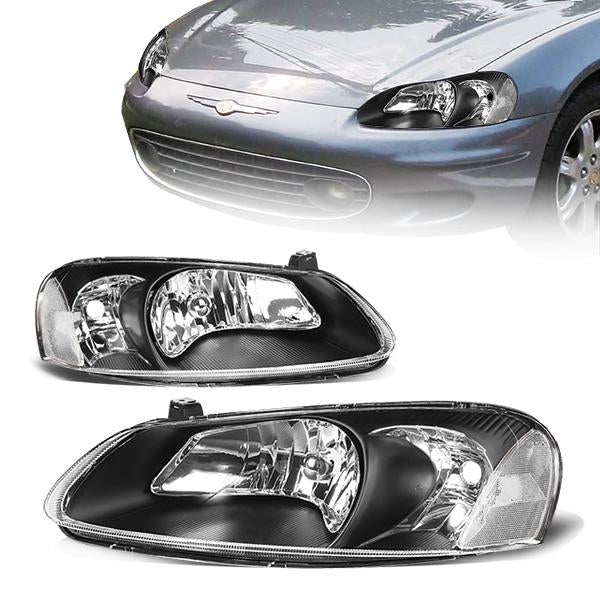 01-06 Chrysler Sebring Convertible , Dodge Stratus Headlights - Black Housing - Clear Lens - Clear Corner - Plug-n-Play - Pair