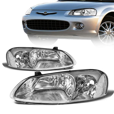 01-06 Chrysler Sebring Dodge Stratus Headlights - Chrome Housing - Clear Lens - Clear Corner - Plug-n-Play - Pair