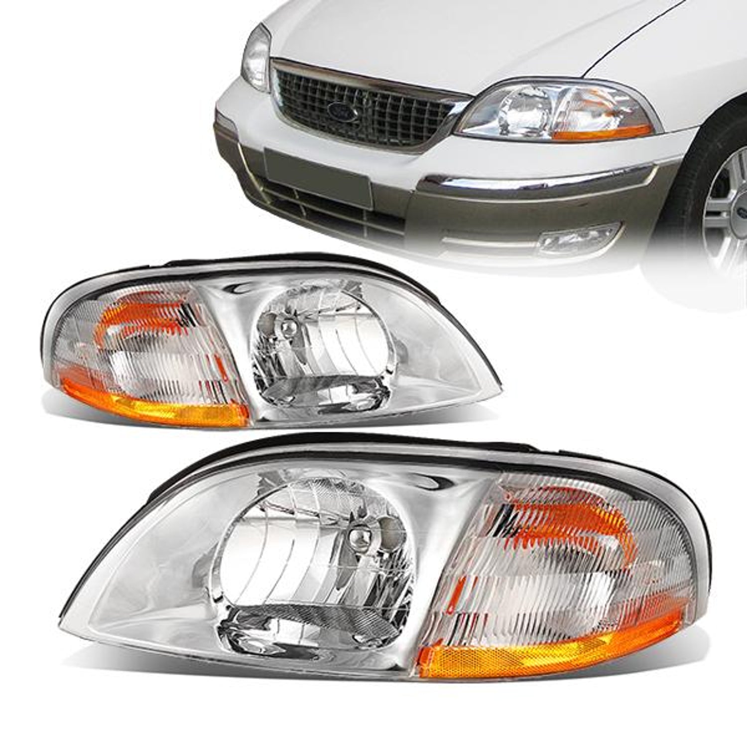 99-03 Ford Windstar Headlights - Chrome Housing - Amber Corner - Plug-n-Play - Pair
