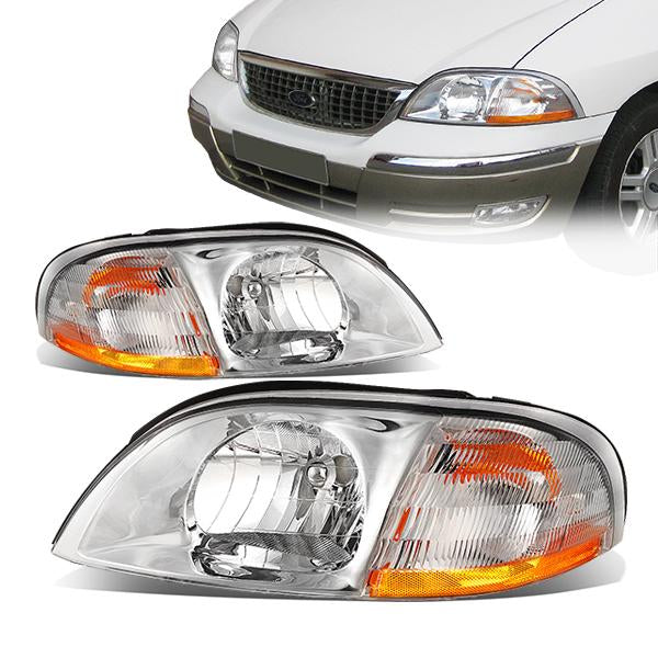 99-03 Ford Windstar Headlights - Chrome Housing - Amber Corner - Plug-n-Play - Pair