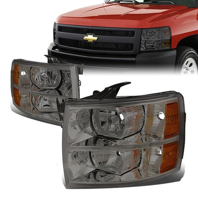 07-14 Chevy Silverado 1500 2500 3500 Models Headlights - Smoked Housing - Amber Corner - Plug-n-Play - Pair