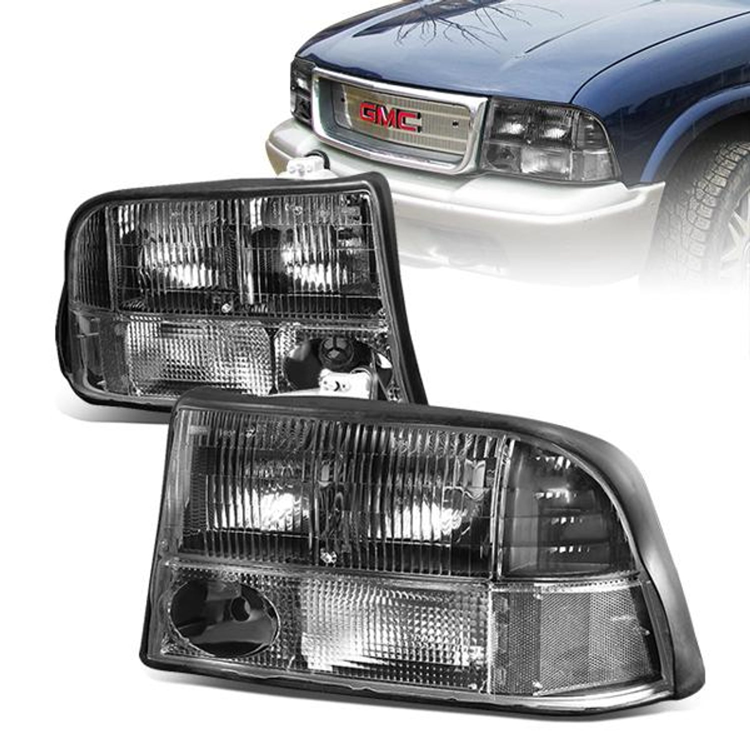 98-05 GMC Sonoma Jimmy Oldsmobile Bravada Headlights - Black Housing - Clear Corner - Plug-n-Play - Pair