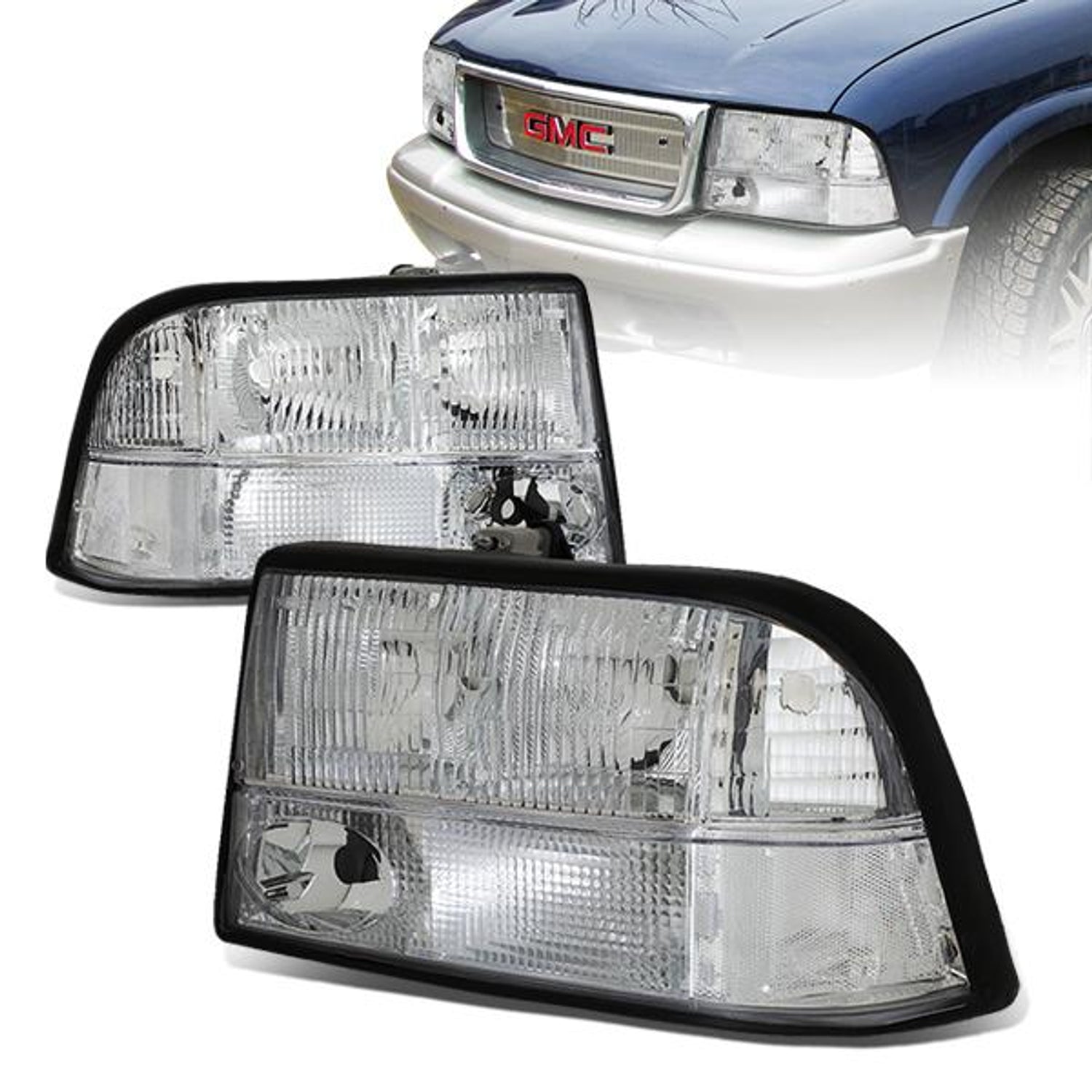 98-05 GMC Sonoma Jimmy Oldsmobile Bravada Headlights - Chrome Housing - Clear Corner - Plug-n-Play - Pair