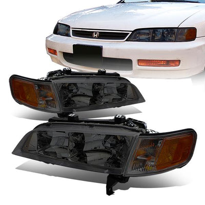 94-97 Honda Accord Headlights - Chrome Housing - Smoked Lens - Amber Corner - Plug-n-Play - Pair