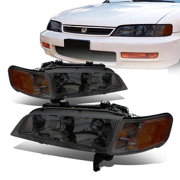 94-97 Honda Accord Headlights - Chrome Housing - Smoked Lens - Amber Corner - Plug-n-Play - Pair