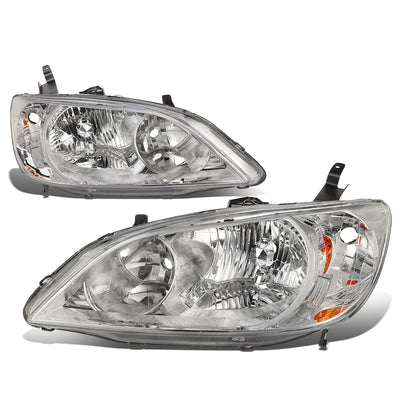 D-Motoring - Headlights - Chrome Housing - Amber Corner - Plug-n-Play - Pair - 04-05 Honda Civic 2/4 Door Models - 1