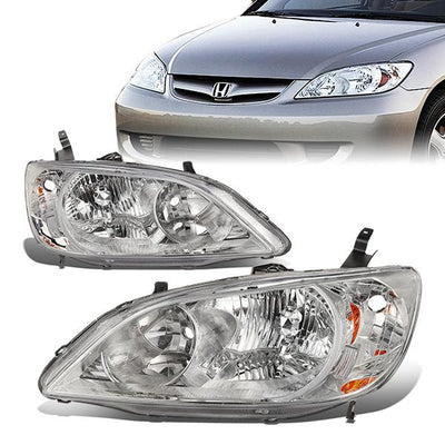 04-05 Honda Civic Headlights - Chrome Housing - Amber Corner - Plug-n-Play - Pair