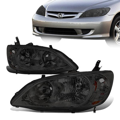 04-05 Honda Civic Headlights - Smoked Housing - Amber Reflector - Plug-n-Play - Pair