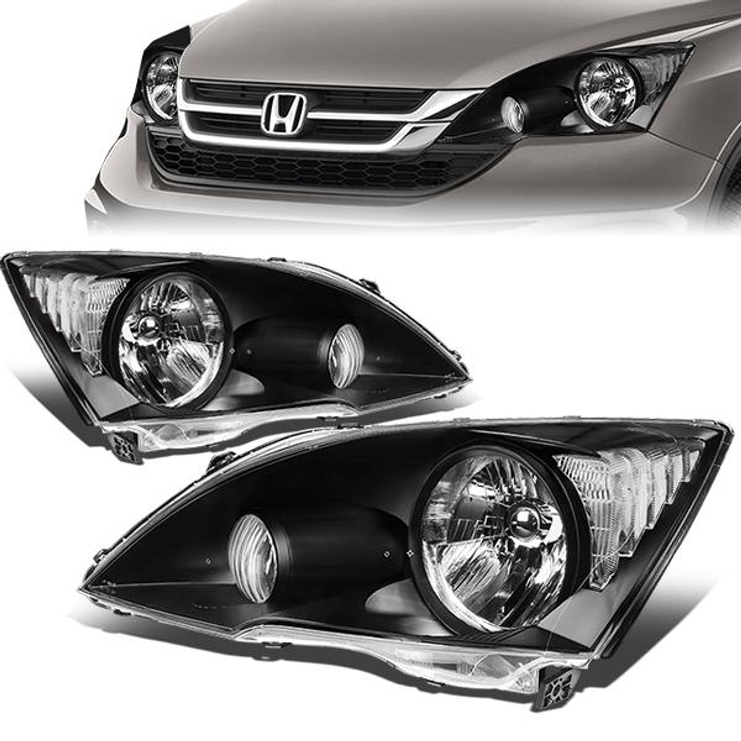 07-11 Honda CRV Headlights - Black Housing - Clear Lens - Clear Corner - Plug-n-Play - Pair