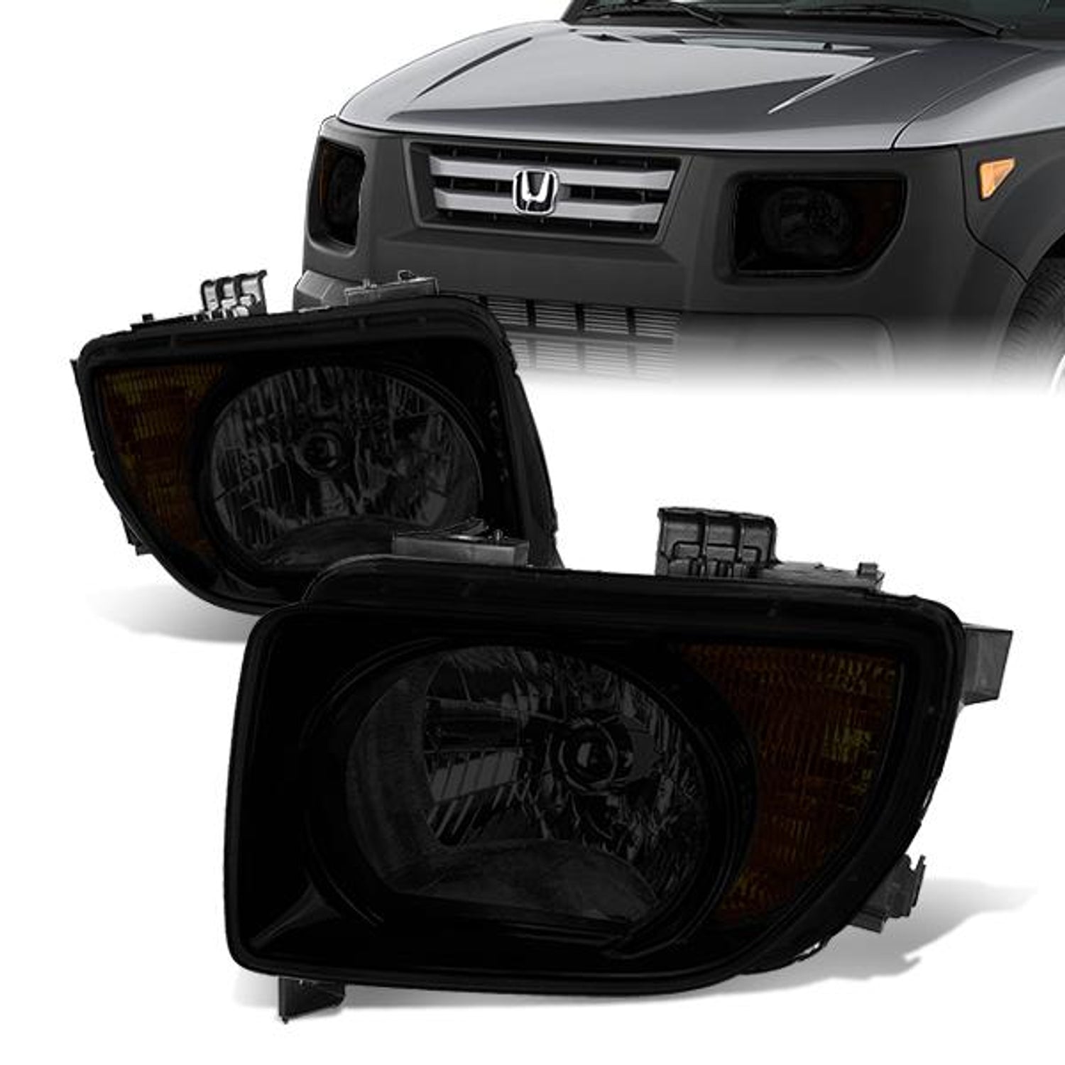 03-08 Honda Element Headlights - Smoked Housing - Smoked Lens - Amber Corner - Plug-n-Play - Pair