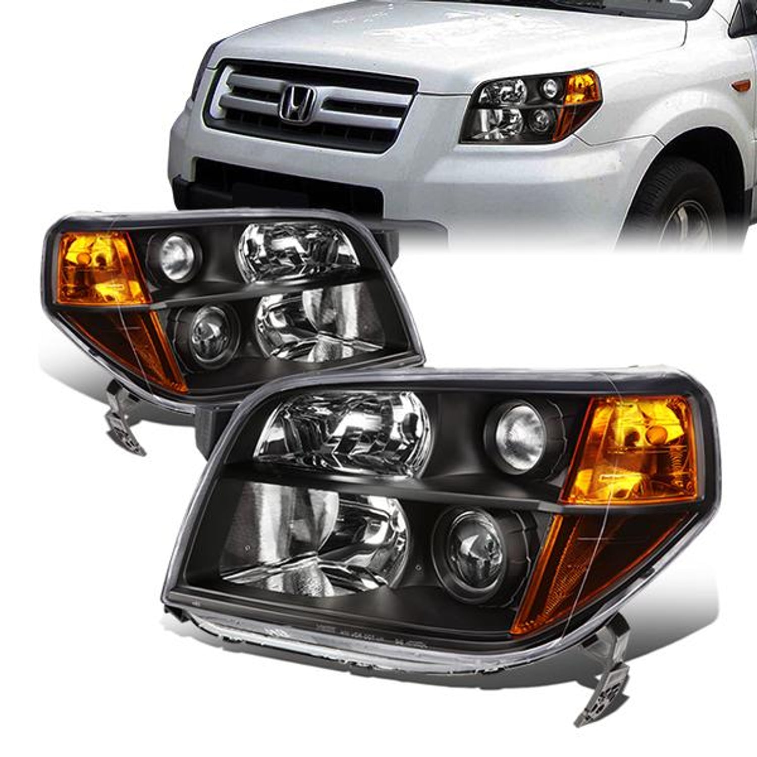 06-08 Honda Pilot Headlights - Black Housing - Amber Corner - Projector - Plug-n-Play - Pair
