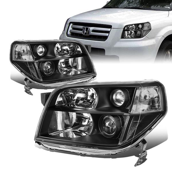 06-08 Honda Pilot Headlights - Black Housing - Clear Corner - Projector - Plug-n-Play - Pair