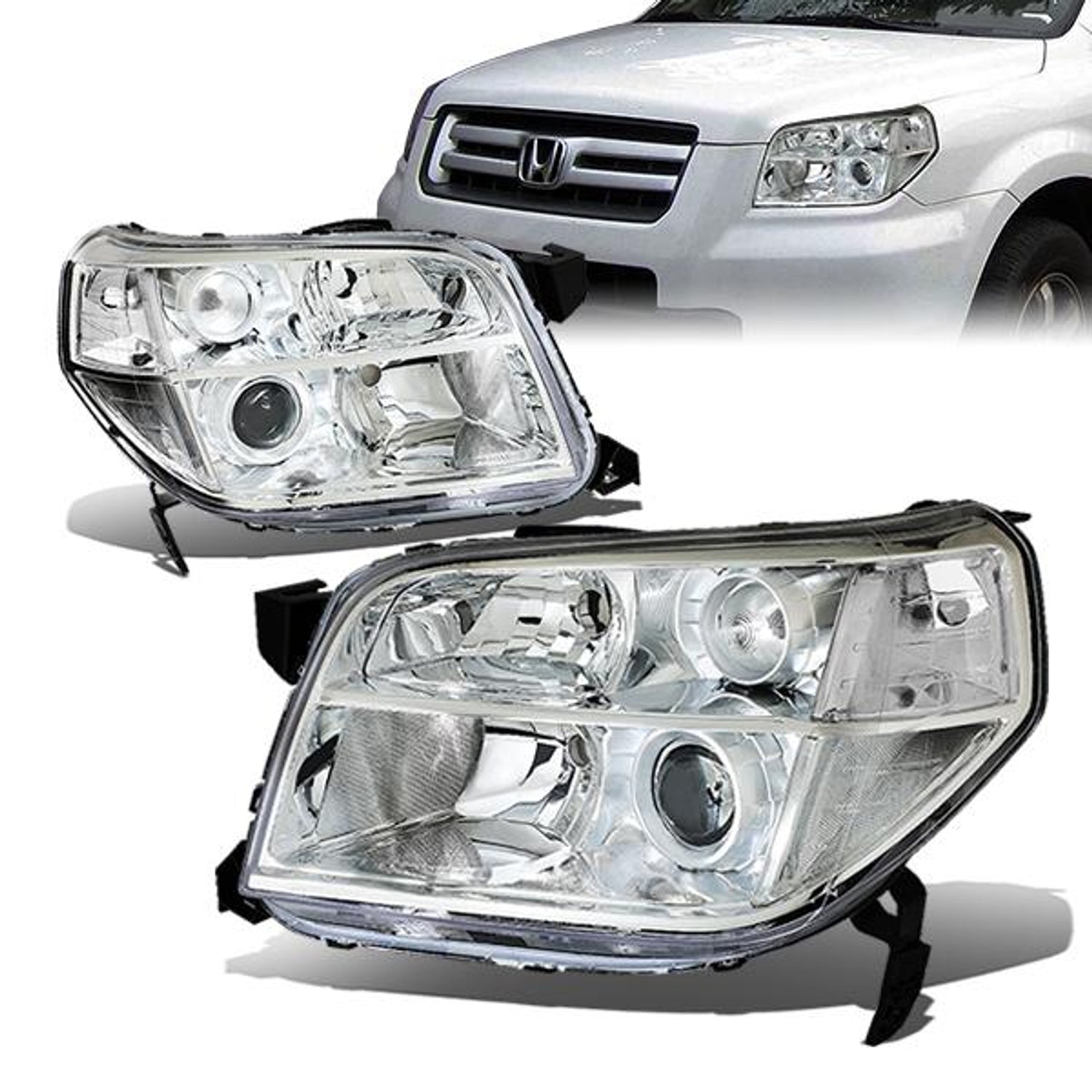 06-08 Honda Pilot Headlights - Chrome Housing - Clear Corner - Projector - Plug-n-Play - Pair