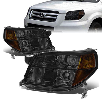 06-08 Honda Pilot Headlights - Smoked Housing - Smoked Lens - Amber Corner - Projector - Plug-n-Play - Pair