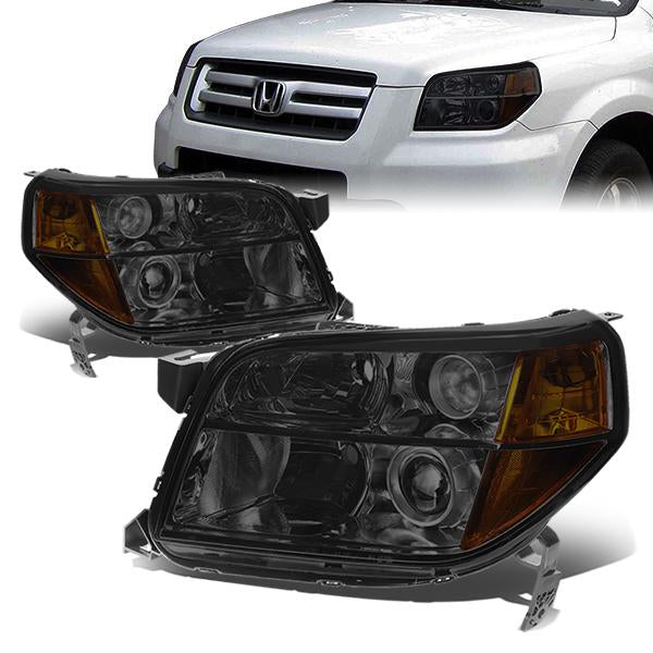 06-08 Honda Pilot Headlights - Smoked Housing - Smoked Lens - Amber Corner - Projector - Plug-n-Play - Pair