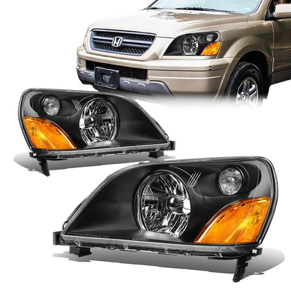 03-05 Honda Pilot Headlights - Black Housing - Amber Corner - Plug-n-Play - Pair