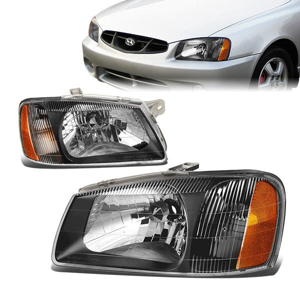 00-02 Hyundai Accent Headlights - Black Housing - Amber Corner - Plug-n-Play - Pair