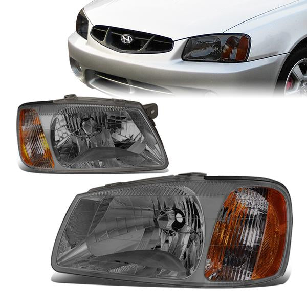 00-02 Hyundai Accent Headlights - Smoked Housing - Smoked Lens - Amber Corner - Plug-n-Play - Pair