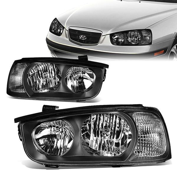01-03 Hyundai Elantra Headlights - Black Housing - Clear Lens - Clear Corner - Plug-n-Play - Pair