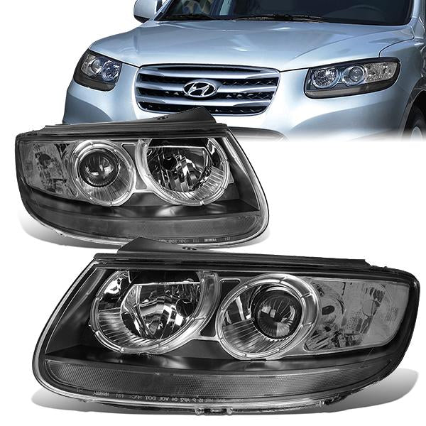 07-12 Hyundai Santa Fe Headlights - Black Housing - Clear Lens - Clear Corner - Projector - Plug-n-Play - Pair
