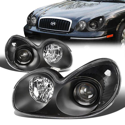 02-05 Hyundai Sonata Headlights - Black Housing - Clear Lens - Clear Corner - Projector - Plug-n-Play - Pair