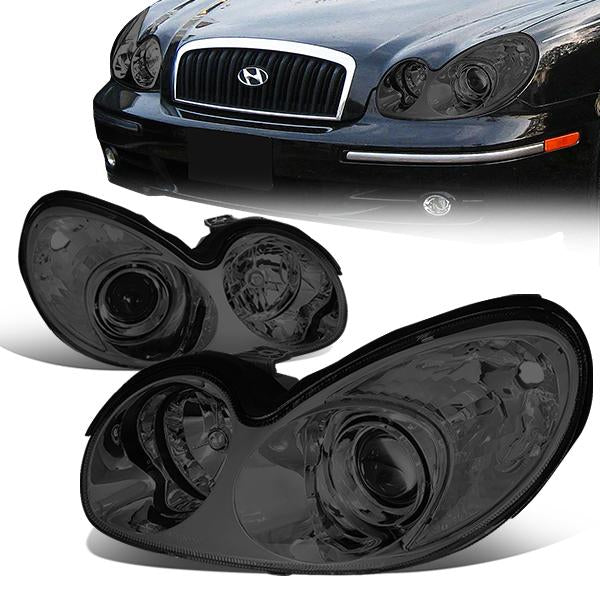 02-05 Hyundai Sonata Headlights - Smoked Housing - Smoked Lens - Clear Corner - Plug-n-Play - Pair