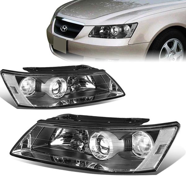 06-08 Hyundai Sonata Headlights - Black Housing - Clear Corner - Projector - Plug-n-Play - Pair