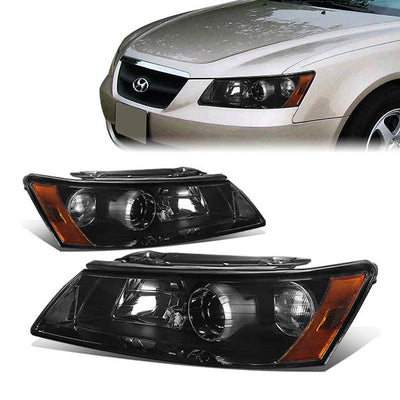 06-08 Hyundai Sonata Headlights - Smoked Housing - Smoked Lens - Amber Corner - Projector - Plug-n-Play - Pair