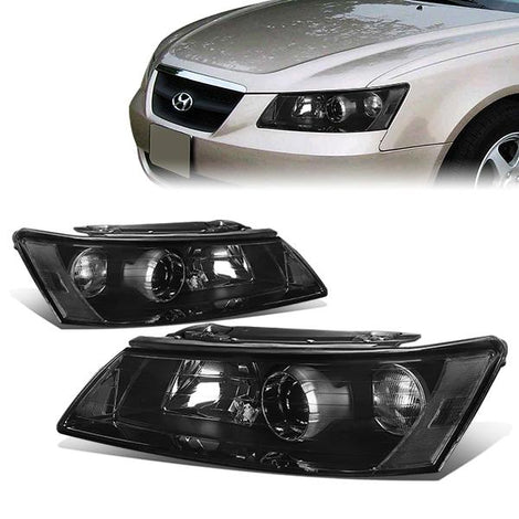 06-08 Hyundai Sonata Headlights - Smoked Housing - Smoked Lens - Clear Corner - Projector - Plug-n-Play - Pair