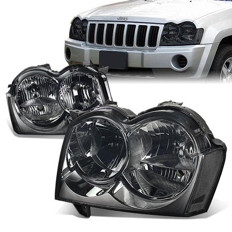 05-07 Jeep Grand Cherokee Headlights - Smoked Housing - Smoked Lens - Clear Corner - Plug-n-Play - Pair