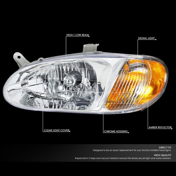 D-Motoring - Headlights - Chrome Housing - Clear Lens - Amber Corner - Plug-n-Play - Pair - 98-01 Kia Sephia - 2