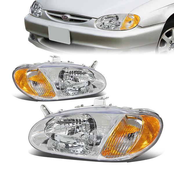 98-01 Kia Sephia Headlights - Chrome Housing - Clear Lens - Amber Corner - Plug-n-Play - Pair