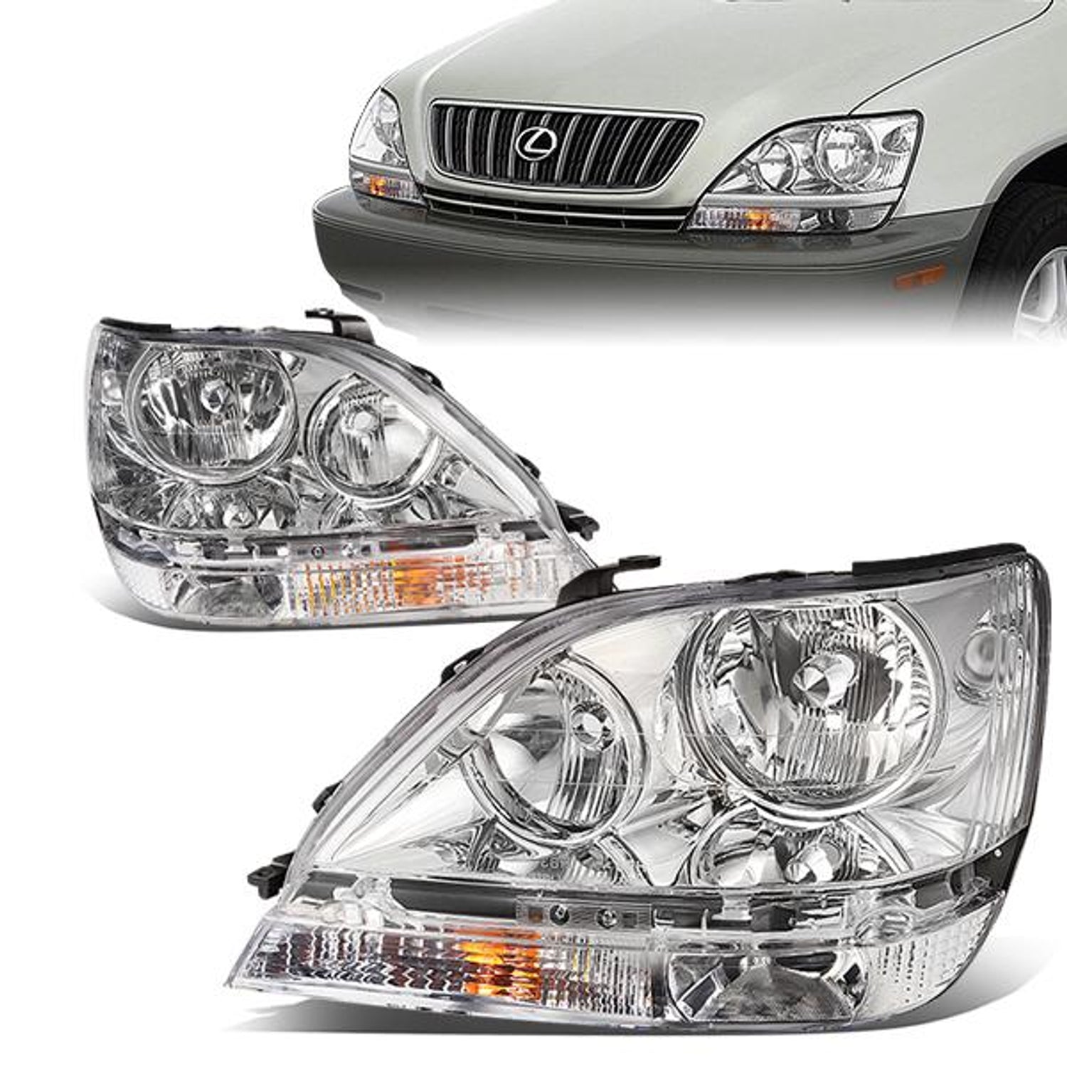 99-03 Lexus RX300 Headlights - Chrome Housing - Clear Lens - Amber Corner - Plug-n-Play - Pair
