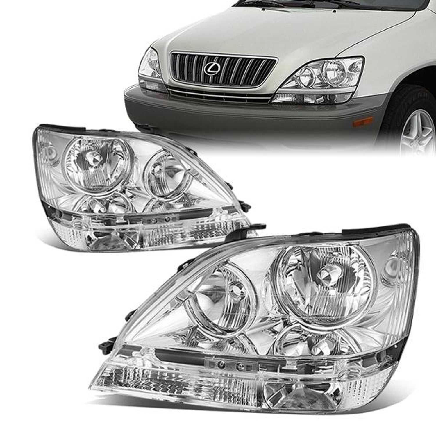 99-03 Lexus RX300 Headlights - Chrome Housing - Clear Lens - Clear Corner - Plug-n-Play - Pair