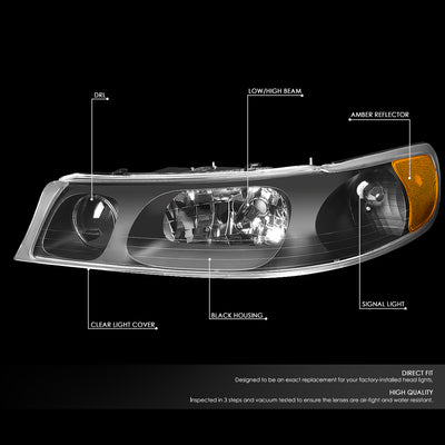 D-Motoring - Headlights - Black Housing - Clear Lens - Amber Corner - Plug-n-Play - Pair - 98-02 Lincoln Town Car - 2