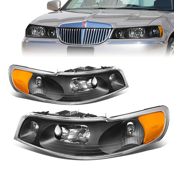 98-02 Lincoln Town Car Headlights - Black Housing - Clear Lens - Amber Corner - Plug-n-Play - Pair