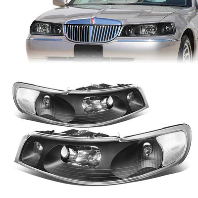 98-02 Lincoln Town Car Headlights - Black Housing - Clear Lens - Plug-n-Play - Pair