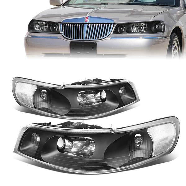 98-02 Lincoln Town Car Headlights - Black Housing - Clear Lens - Plug-n-Play - Pair