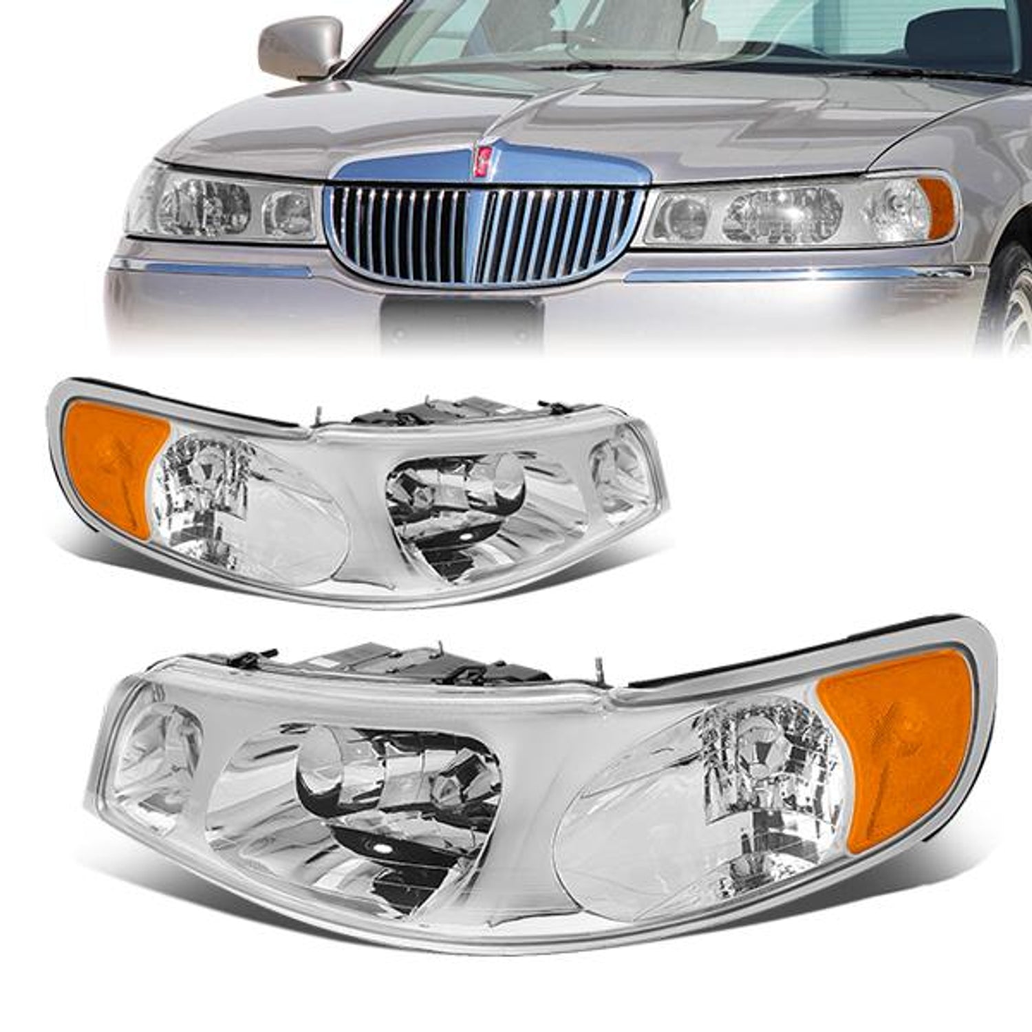 98-02 Lincoln Town Car Headlights - Chrome Housing - Clear Lens - Amber Corner - Plug-n-Play - Pair