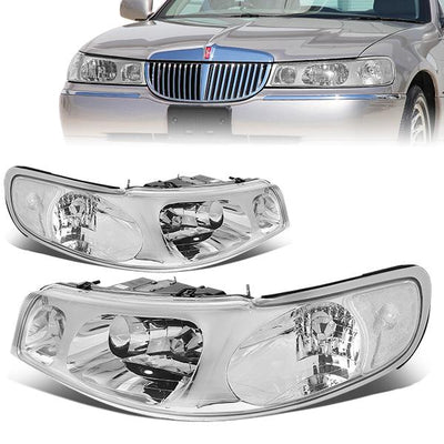 98-02 Lincoln Town Car Headlights - Chrome Housing - Clear Lens - Plug-n-Play - Pair